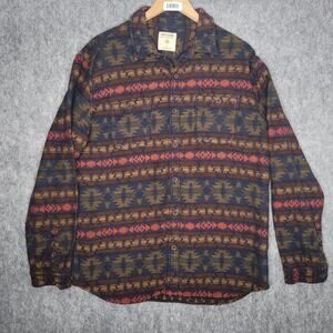 Ruff Hewn Mens Button Up Shirt Size Large 100 Cotton‎ Aztec Print Brown Blue